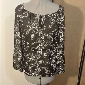 LOFT Brown and White Tie Front 3/4 Sleeve Blouse